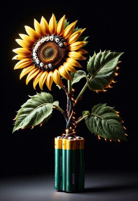 A sunflower  made of batteries, B4TT3R13S,
dark background,
baroque still life with dramatic chiaroscuro lighting,
best quality, masterpiece, high resolution,
ais-wirez,