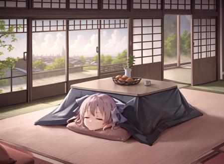 masterpiece, best quality, kotatsu, indoors, table, window, cosy, calm, rest, 1girl, (head at kotatsu), (desimbodied head),  sekibanki, <lora:kotatsu-20:0.8>,  <lora:sekibanki-000010:0.5>