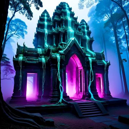 Angkor Wat reimagined as a vast, dystopian biopunk temple complex. Ancient stone towers are fused with biomechanical growths, organic sinewy cables, and tangled roots that glow with eerie neon veins of aquamarine and purple. Massive stone faces are partially transformed with cybernetic circuits etched into their features, illuminated with bioluminescent patterns. The temple walls are cracked and overgrown with biomechanical trees, their trunks pulsing with glowing liquid. Strange pink and blue neon lights outline the temple entrances, casting an ominous glow on the mossy ruins. The atmosphere is dark and foggy, with scattered sparks, misty steam vents, and a jungle overrun by technology and organic mutation. Ultra-detailed, hyper-realistic, cinematic lighting, and a haunting, otherworldly mood.