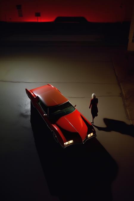 <lora:Roger Deakins Style:1>Roger Deakins Style - In a wide shot from a high angle we look upon a large empty parkingspace. We can see one black car, brand Oldsmobile Toronado, parked with it's headlights turned on. A woman in red is running away.The scene is dark with some lighting poles turned on, but some are broken. In front of the car we can see a silhouette. Cinematografic light, large format camera, 150mm lens,.1