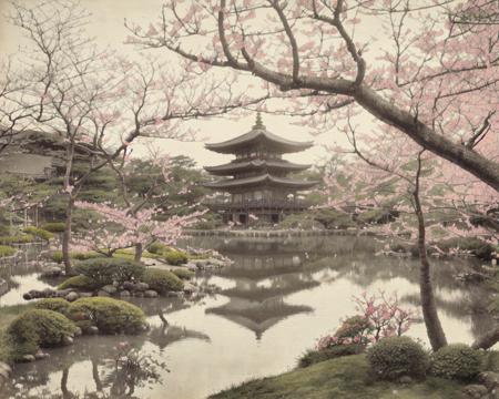 <lora:Kozaburo_Tamamura_style_v2:0.7>, outdoors, water, tree, shadow, traditional media, sandals, grass, plant, cherry blossoms, building, architecture, bridge, east asian architecture, river, landscape, muted color, lake, path, hill, faux traditional media, stone, pond, garden, stone lantern, stream, pagoda, Tamamura, realistic, photorealistic