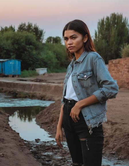 professional fashion close-up portrait photography of a young beautiful ((ohwx woman)) <lora:zendaya_lora_sdxl_v1-000008:1> at irrigation canal during Late night, Nikon Z9