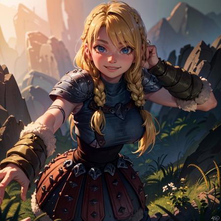 Astrid walking in a field of roses around mountains, (long hair, blonde, blue eyes, armor, braid:1.2), warm light, curvy, smile, :D, breast below, (dynamic_angle), (dynamic_pose:1.2), looking at viewer,
(detailed landscape:1.2), (dynamic_perspective:1.2),
(masterpiece:1.2), (best quality, highest quality), (ultra detailed), (8k, 4k, intricate), (full body:1), (highly detailed:1.2),(detailed face:1),(gradients),(ambient light:1.3),(cinematic composition:1.2),(HDR:1),Accent Lighting,extremely detailed CG unity 8k wallpaper,original, highres,(perfect_anatomy:1.2),
 <lora:Astrid_Character:1>