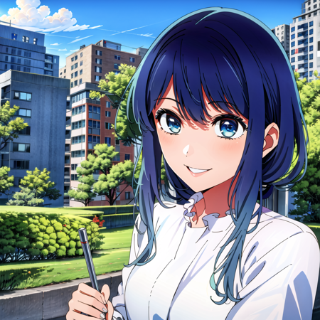 masterpiece, sidelighting,  masterpiece*portrait, lustrous skin, ((1girl, solo)), best background detail,stare,  arousing,lewd, akane,front , ((light smile, happy)),  long hair, looking at viewer, smile, bangs, blue eyes,  shirt, blue hair, white shirt, sidelocks, frills, side ponytail, portrait, looking at viewer, (((buildings, city))), standing, ((outdoors)), ((full  background)), holding sign