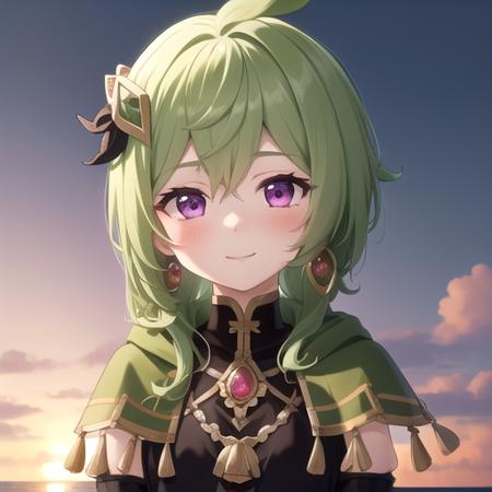 ((masterpiece)),(best quality),official art,extremely detailed CG,unity 8k wallpaper,ultra detailed,A lighthouse on a cliff by the sea,1girl,solo,upper body,(portrait:1.2),looking at viewer,green_hair,green_capelet,jewelry,puffy_long_sleeves,single_earring,toeless_footwear,hair_ornament,purple_eyes,brown_thighhighs,bangs,blush,smile,crossed_bangs,ahoge,tassel,pink_eyes,boots,black_dress,medium_hair,asymmetrical_legwear,<lora:Collei(gen)>,