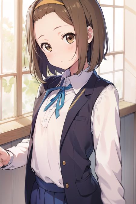 ritsutainaka, <lyco:ritsutainaka-LYCORIStest:1>,
ritsu tainaka, (brown eyes:1.5), light brown hair, (forehead:1.5), hairband, short hair, (flat chest:1.2),
BREAK sakuragaoka high school uniform, school uniform,
BREAK looking at viewer,
BREAK indoors, classroom,
BREAK <lora:GoodHands-vanilla:1>, (masterpiece:1.2), best quality, high resolution, unity 8k wallpaper, (illustration:0.8), (beautiful detailed eyes:1.6), extremely detailed face, perfect lighting, extremely detailed CG, (perfect hands, perfect anatomy),