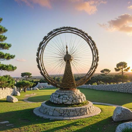 (by Kunio Okawara:1.1) and (Johji Manabe:1.3) , anime key visual, intricate background, medium shot of a Invigorating Deafening ("Whirling Catapult":1.3) , from inside of a Spiritual Alberobello, desolate trees and grass, at Sunrise, shallow depth of field, Contemporary, Relieving, Post-Punk, Nostalgic lighting, 80mm, Offset print, Gold Leafing, Movie concept art, ultra high res, High quality