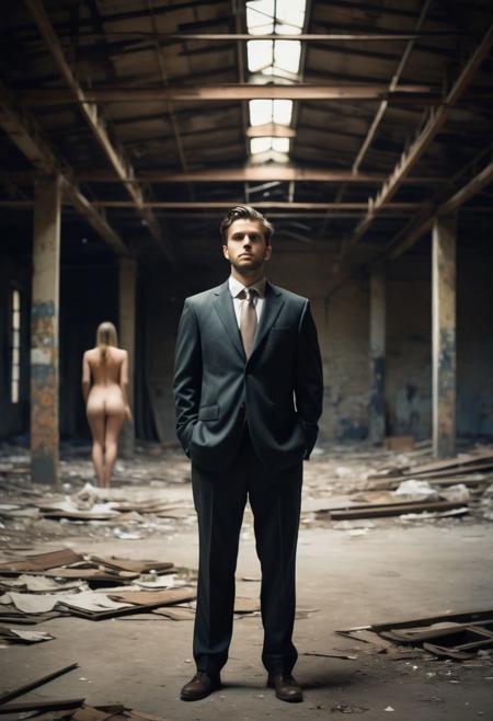 Surreal art print photograph. Abandoned warehouse space with dark surreal lighting. 
A man in a business suit stands in the midground. His face is an indistinguishable blur but his body is shalt on focus. Bokeh effect, man in suit in focus.  
He is surrounded by beautiful nude women.  They stand with hands behind backs submissively. All are beautiful and realistic.