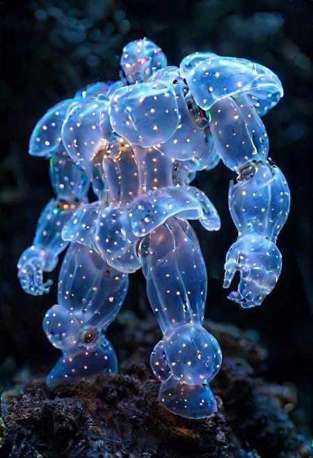 Ultrarealistic. Gigantic mecha, gundam  made of bioluminescent organisms