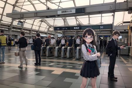 best quality, ultra-detailed, illustration,
1girl, glasses, school uniform, bag, jacket, holding, smartphone,
multiple girls, multiple boys, crowd, 
kaisatsu, automatic ticket gate, scenery, train station, sign, real world location, indoors, ceiling
 <lora:kokusai_tenjijyo_eki_SD15_V1_DIM4:1>