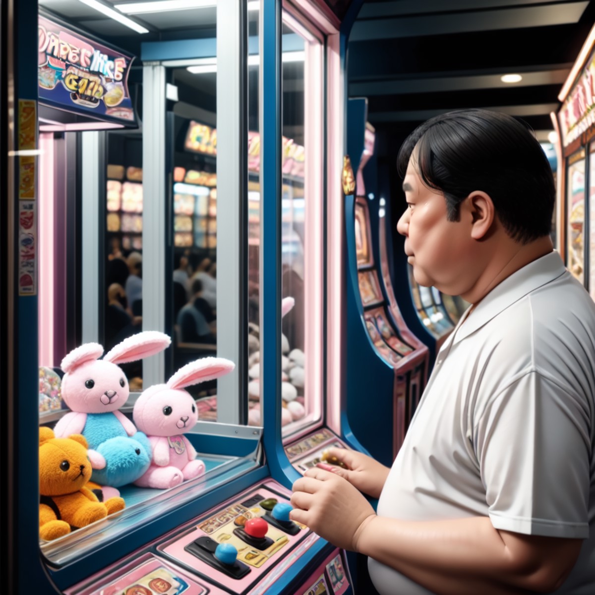 old fat man, solo, upper body, CLGM, arcade, crane game, shop, glass, looking outside, stuffed toy, from side,  toy bunny,...