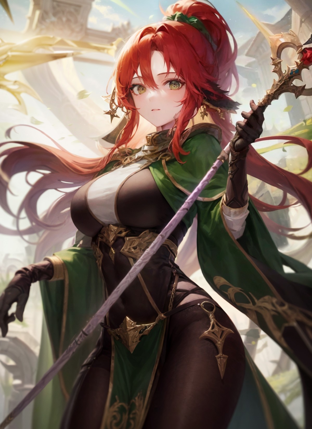 1girl,woman,druid, green robe,(magic staff:1.1),extremely detailed,holding weapon(masterpiece, best quality:1.2)<lora:adve...