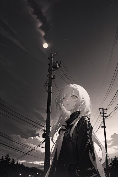 monochrome, 1girl, long hair , white background, greyscale, solo ,sky, scenery, outdoors, star (sky), cloud, starry sky, tree, power lines, utility pole, sunset, twilight, night, traffic light, cloudy sky 
///////////   <lora:chongzhen-000202:1>