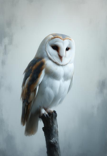 A solitary Barn Owl, rendered in a minimalist style, perched gracefully on a stark, undefined branch. The composition is defined by simple, elegant silhouettes against a deep, midnight black background. Soft, diffused light emanates from an unseen source, creating a shimmering, pearlescent glow on the owlâs feathers, highlighting subtle curves and linear details. The background remains entirely flat and featureless, emphasizing the owl's form. Linear shapes and gentle curves define the owlâs posture, creating a sense of balance and serene stillness. A whisper of Impressionistic brushstrokes subtly suggests texture without disrupting the overall reduction and uniformity of form. The overall effect is a contemplative and ethereal portrait, blending the precision of minimalism with the luminous quality of Impressionism.