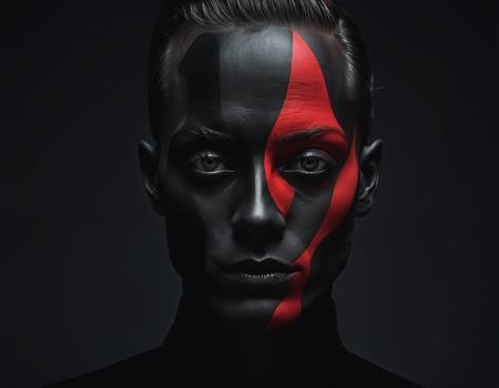 emil hajjaj creates surreal digital art with a single black eye, in the style of dark black and red, androgynous, peter andrew jones, split toning, presentation of human form, studio portrait, aleksandr deyneka
