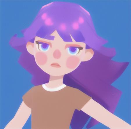 <lora:getaisoft3d:0.7>,solo,soft art style, 1girl, solo, long hair, blush, blue eyes,purple eyes, upper body, purple hair, short sleeves, pink shirt,