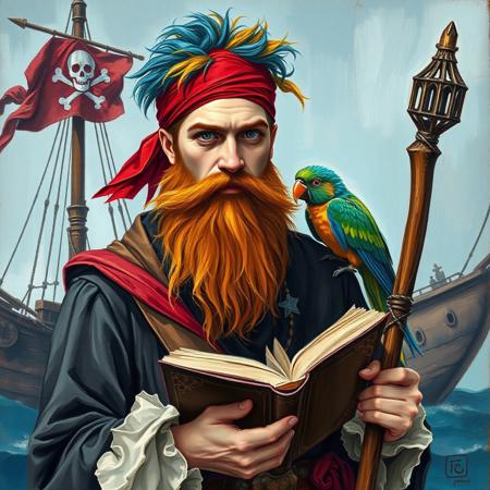 Oil painting rendered in a loose, impressionistic style with thick, expressive brush strokes. Full body portrait of a young handsome pirate wizard. His outfit is a mish mash of wizard-like and pirate clothes. He wears a red bandana and has a long ginger beard. He has big white eyebrows. His hair is a mixture of colors: blue, red, yellow, green. He holds a book and a wizard's staff. The background shows a pirate ship with a pirate flag. On his shoulder sits a colorful parrot.