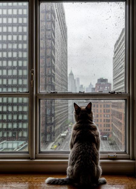hyper realistic image of a cat perched on a windowsill, looking out through the window, raining city landscape . 