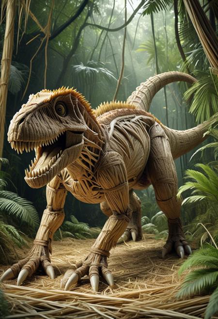 Tyrannosaurus rex made of straw in primeval jungle, photograph, realistic, detailed, high quality