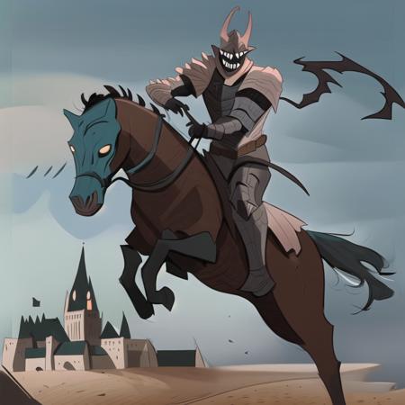 evang, an alien skull face medieval knight action figure riding a horse, castle in the background, extremely detailed, natural lighting, film grain