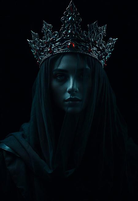 In this captivating dark fantasy portrait, a mysterious veiled queen stands proudly, exuding an aura of power and silent command. Her face, partially obscured by an enigmatic veil, is shrouded in shadow and intrigue. The queen's ornate crown, adorned with striking crimson details, contrasts against the deep teal and black color palette. The low-key lighting creates a dramatic atmosphere, with shadows adding depth to the exquisite textures of her regal attire. The background is dark and mysterious, heightening the sense of secrecy and allure. The cinematic style, achieved through a shallow depth of field and high ISO for grain, combined with a 85mm lens, captures the queen's regal presence in a realistic yet dreamlike manner., dark fantasy, real life