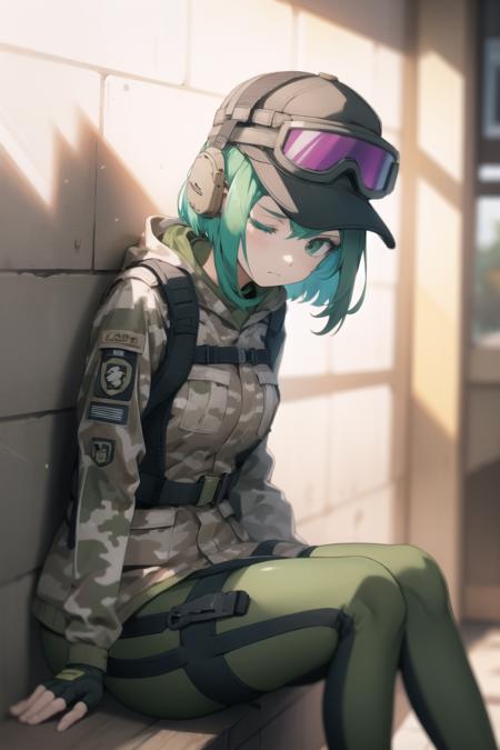 ela ela, jacket, leggings, latex legwear, fingerless gloves, military uniform, camouflage, baseball cap, goggles on headwear