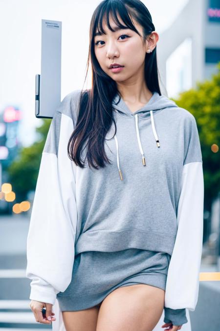 pyoapple, ((solo, 1girl)), RAW, masterpiece, a stunning (close up shot:1.2) portrait of a beautiful (korean) (k-pop idol) ((pale white skin)) young teenage woman (walking on the street of Tokyo at golden hour:1.3), looking at viewer. Slim body, narrow waist, (small breasts:1.2). (Happy smile:1.0), Beautiful Face, Kpop-makeup, eyelashes, blush, eyeliner, smokey eyes, sharp eyes, aegyo sal, alluring expression. wearing (Sexy White Top, Gray Hoodie), Long straight hair, thin bangs, cinematic lighting, volumetric fog, realistic skin, realistic face skin, perfect face skin, 8K UHD, absurdres, highly detailed, realistic, hyperrealism, <lora:pyoapple_chillout_v1:1.1>