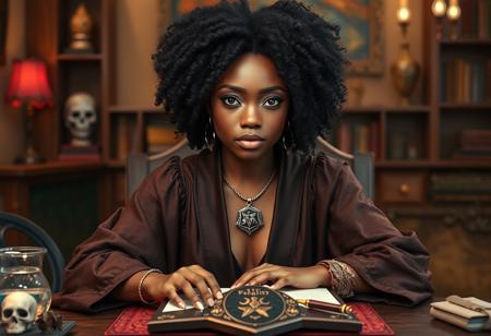 A beautiful young black woman sitting at a desk, with a tabletop DM shield in front of her, covering her notes. The composition should show from the top of her head to the mid of her bust. She has black curly hair and bright brown eyes, wearing stunning high fantasy robes that flow elegantly. The background should suggest a cozy, imaginative gaming environment, enhancing the sense of adventure and creativity.