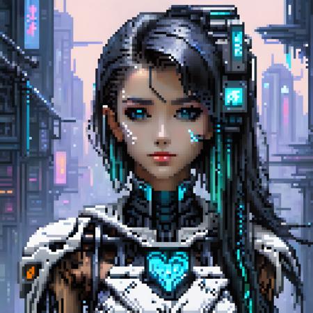 <lora:pixel_stormXL:1>,pixel art,
Masterpiece, illustration,8K wallpaper, super detailed,portrait,(full body),((damaged)),dissection,cyberpunk, (1 girl:1.5),(solo),(Machine Skeleton),black hair,Medium breasts,Beautiful detailed blue eyes,(Mechanical (heart)), (Wire),(Transmission tube), (white background: 1.8),mecha Machine Skeleton ,natural light, light tracing