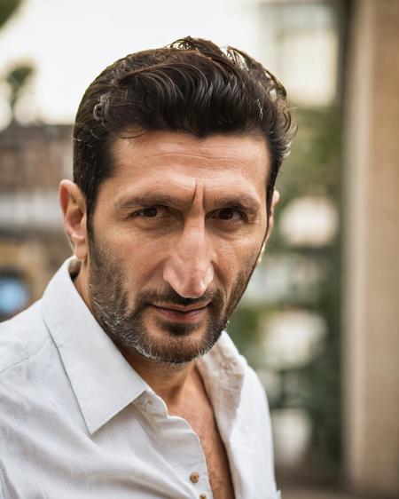 <lora:Fares_Fares:0.8> profile side view close-up photo of (Fares Fares:1.3) age 40 with a open white unbuttoned shirt, short stylish quiff grease hair, slight smile, (deep beautiful brown eyes:1.2) (looking at the camera:1.1), natural lighting, sunlight, 4k uhd, dslr, soft light, high quality, Fujifilm XT3