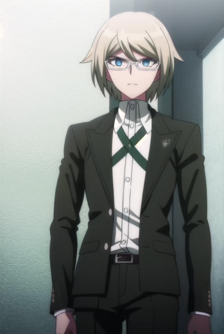 byakuyatogami, <lora:byakuya togami s1-lora-nochekaiser:1>,
byakuya togami, short hair, bangs, blue eyes, blonde hair, male focus, glasses, semi-rimless eyewear,
BREAK shirt, long sleeves, jacket, white shirt, open clothes, glasses, collared shirt, belt, pants, open jacket, black jacket, dress shirt, black pants, black belt, shirt tucked in, brown belt,
BREAK outdoors, classroom,
BREAK looking at viewer, (cowboy shot:1.5),
BREAK <lyco:GoodHands-beta2:1>, (masterpiece:1.2), best quality, high resolution, unity 8k wallpaper, (illustration:0.8), (beautiful detailed eyes:1.6), extremely detailed face, perfect lighting, extremely detailed CG, (perfect hands, perfect anatomy),