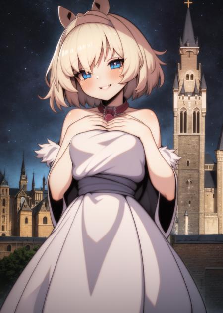 masterpiece, best quality, highly detailed, 1girl, solo, cowboy shot, (alice margatroid:1.2), smile, hands on own chest, background building architecture, gothic architecture, starry sky, outdoors, church, (castle), [[fantasy]] <lyco:bori_v2-000015:1>