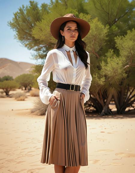 RAW full body analogue photo of a beautiful 25 years old woman, clear focus, high resolution image, (aymara woman),  ,wearing A long pleated wool skirt worn with a high-collar chiffon blouse featuring ruffled cuffs. Layer with a velvet blazer. Pair with sheer nylon stockings, leather oxford shoes, and a leather belt. Complete the look with a cameo brooch and a wide-brim felt hat, ,,high quality, film grain, Fujifilm XT3, 8k uhd, dslr, film grain, kodak tri-x 400 film, grain photo DOF, faint lighting, dynamic angle, cinematic, Depth of field, bokeh, best quality, cinematic, light particles, highly_detailed, very_aesthetic, golden hour, beautiful_and_aesthetic ,Sexy pose, erotic pose, exhibitionism, ,desert oasis marketplace