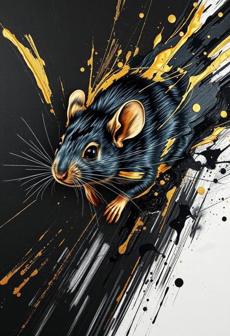 A hyper-stylistic, extremely detailed image depicts a breathtaking painting, crafted from a combination of smeared black and gold metallic paint. A mouse is captured in a streaked motion, as if it is moving rapidly in one direction. The black paint is applied in bold, dynamic strokes, creating a sense of energy and movement that is contrasted beautifully by the golden accents. The gold paint is used to highlight the mouses features, adding a sense of depth and dimensionality to the image. The overall effect is one of breathtaking, surreal dynamism, as if the viewer has captured a fleeting moment in time. Every detail of the image is meticulously crafted, from the delicate, swirling patterns of the gold paint to the intricate, textured patterns of the black paint. The contrasts between light and dark, color and texture, create a sense of tension and energy that draws the viewer in, inviting them to explore the kinetic world of the painting. highest-Quality, intricate details, visually stunning, Masterpiece