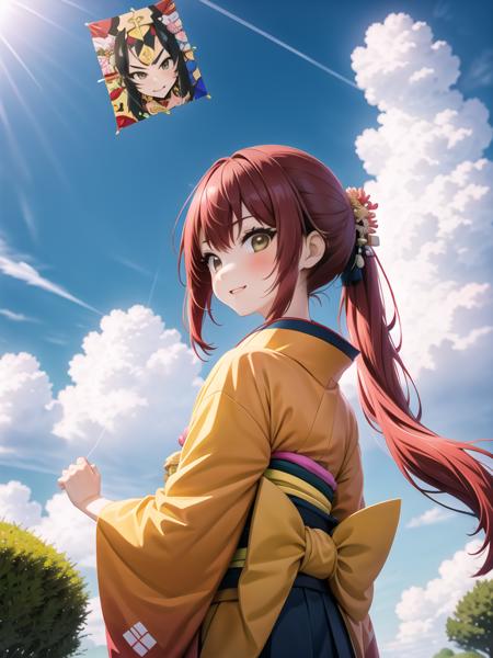 view from back below, a girl, upper body, holding a thread from kite, look up kite in sky, kimono <lora:kite-001_0.8:1>