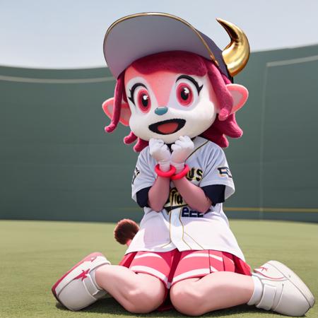 Buffalo_BELL, mascot, baseball uniform, baseball cap, 1girl, pink hair, pink eyes, horns, open mouth, tail, clothes writing, pink skirt, pleated skirt, furry, smile, furry female, pink fur, :d, blurry background, standing, blurry, 