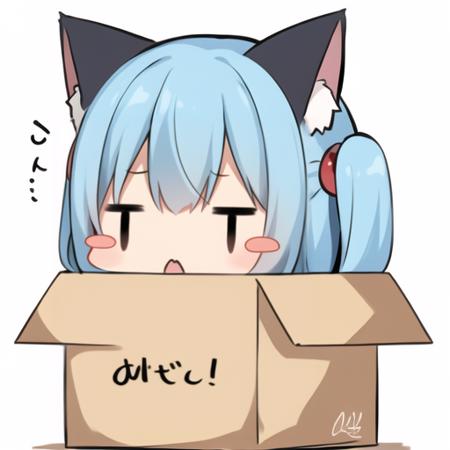 chibi, shizukutype, in container, animal ears, in box, solo, blush stickers, blue hair, cat ears, cardboard box, white background, box, bangs, long hair, blush, hair ornament, simple background, hair between eyes, peeking out, 0_0, one side up, signature, hair bobbles, looking at viewer, cat girl, romaji text, o_o