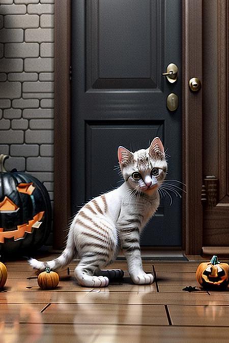 Capture a full hyper-realistic photograph of an adorable  white kitten shooting at ghosts with an M16 Machine gun in a halloween town with ghosts flying around and jack o lanterns in doorways, cutest kitten in civitai, side view, chubby kitten, short legs, close up, c4d, blender, raytracing, unreal engine 5, render 3d,