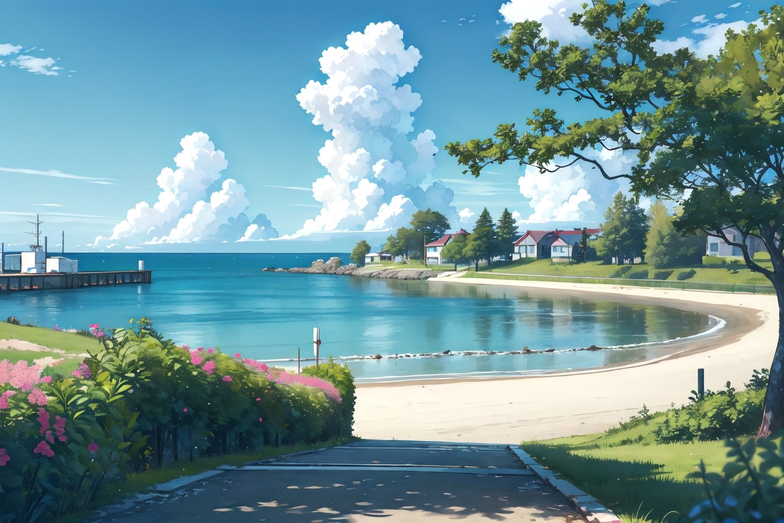 scenery,landscape,emphasis_outlines,depth of field,official wallpaper, game cg, outdoors,seaside, day, sky, ocean, blue sk...