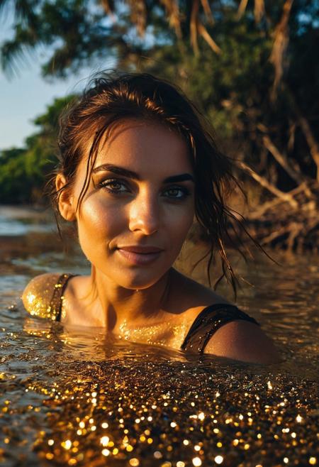 It's hot, sultry, sunny, and scorching. a photo of a mysterious woman. The woman's shiny skin contrasts with the beauty of the landscape of the tropical riverbank. the glitter of golden eyes beckons to you. The smile is beautiful. Cinematographic. large format. amazing depth of field, stunning extensive details, natural ambient lighting, add details xl,attractiveness, cinematic photography, stunning facial texture detail, hard focus, amazing depth of field, stunning extensive details, natural ambient lighting, add detail