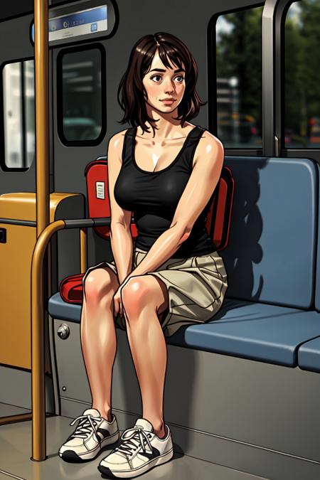 1girl, sitting, bus, Culottes, tucked in tank top, sneakers, bus interior, solo, realistic, (photorealistic:1.1), (lineart:0.8), black_outline