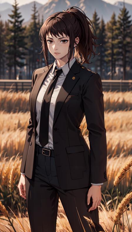 brown hair ponytail brown eyes scar on face white collared shirt necktie suit suit pants