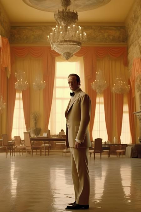 <lora:Director Nicolas Winding Refn style:1>Director Nicolas Winding Refn style - "The Influence of " ( of Best Supporting Actor): "A cinematic, detailed photograph from the fictional -winning historical epic 'The Influence of '. The image captures  the iconic Hollywood actor, in his suit standing in the ballroom of his film set in Carmel. The grand architecture of the film set, Wells attire, and the dramatic lighting create a visually striking image that showcases the film's powerful performanceits supporting actor, earning him the  for Best Supporting Actor."