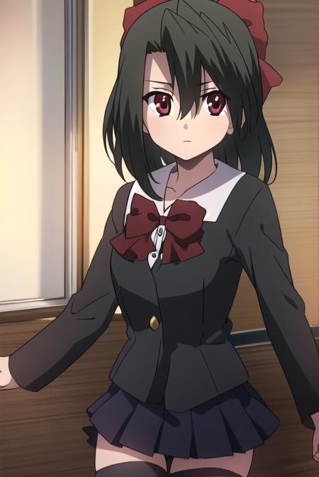 setsunakiyoura, <lyco:setsunakiyoura-lyco-nochekaiser:1>,
setsuna kiyoura, black hair, (red eyes:1.5), hair bow, red bow,
BREAK skirt, thighhighs, bow, school uniform, pleated skirt, shoes, black thighhighs, zettai ryouiki,
BREAK looking at viewer,
BREAK indoors, classroom,
BREAK <lora:GoodHands-vanilla:1>, (masterpiece:1.2), best quality, high resolution, unity 8k wallpaper, (illustration:0.8), (beautiful detailed eyes:1.6), extremely detailed face, perfect lighting, extremely detailed CG, (perfect hands, perfect anatomy),