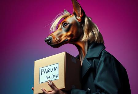 An anthropomorphic brown Dobermann dog with soft, long, natural ears and a blonde bobcut with long hair in the back, wearing a black trenchcoat, depicted in profile, side view. The dog is holding a cardboard box labeled ‘Parfum for Dogs’ in a surreal and avant-garde fashion illustration style. The scene features a turquoise silver grunge aesthetic against a gradient magenta and teal background. The setting includes vivid colors, filigree details, and photorealistic rendering. The lighting is moody chiaroscuro, enhanced by the visual distortion of fisheye cinema prime lenses (9mm) and noir film-style color correction