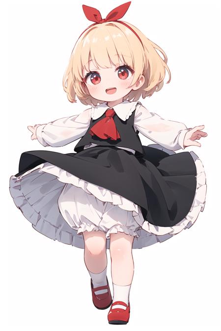 1girl, solo, blonde hair, outstretched arms, open mouth, skirt, ribbon, hair ribbon, shoes, underwear, vest, smile, mary janes, ascot, white background, red eyes, shirt, long sleeves, short hair, bloomers, simple background, spread arms, full body, red footwear, looking at viewer, white legwear, black skirt, red ribbon, red neckwear, socks, white shirt, :d, black vest, eyebrows visible through hair, blush