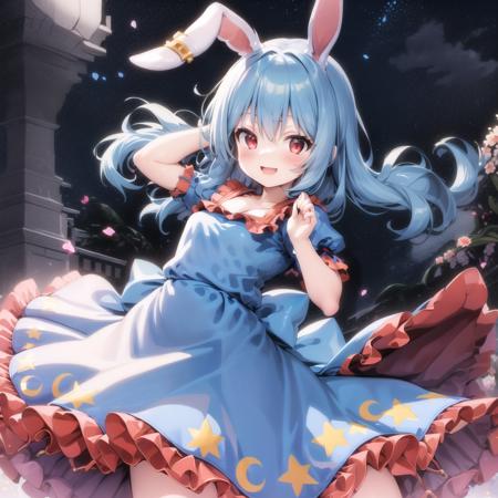 (masterpiece), best quality,1girl,seran,dress,seiran (touhou),frilled dress,blue hair,Rabbit ears,red eyes,twintails,low twintails  ,ear tag<lora:SeiranTouhouProject_v011:0.8>