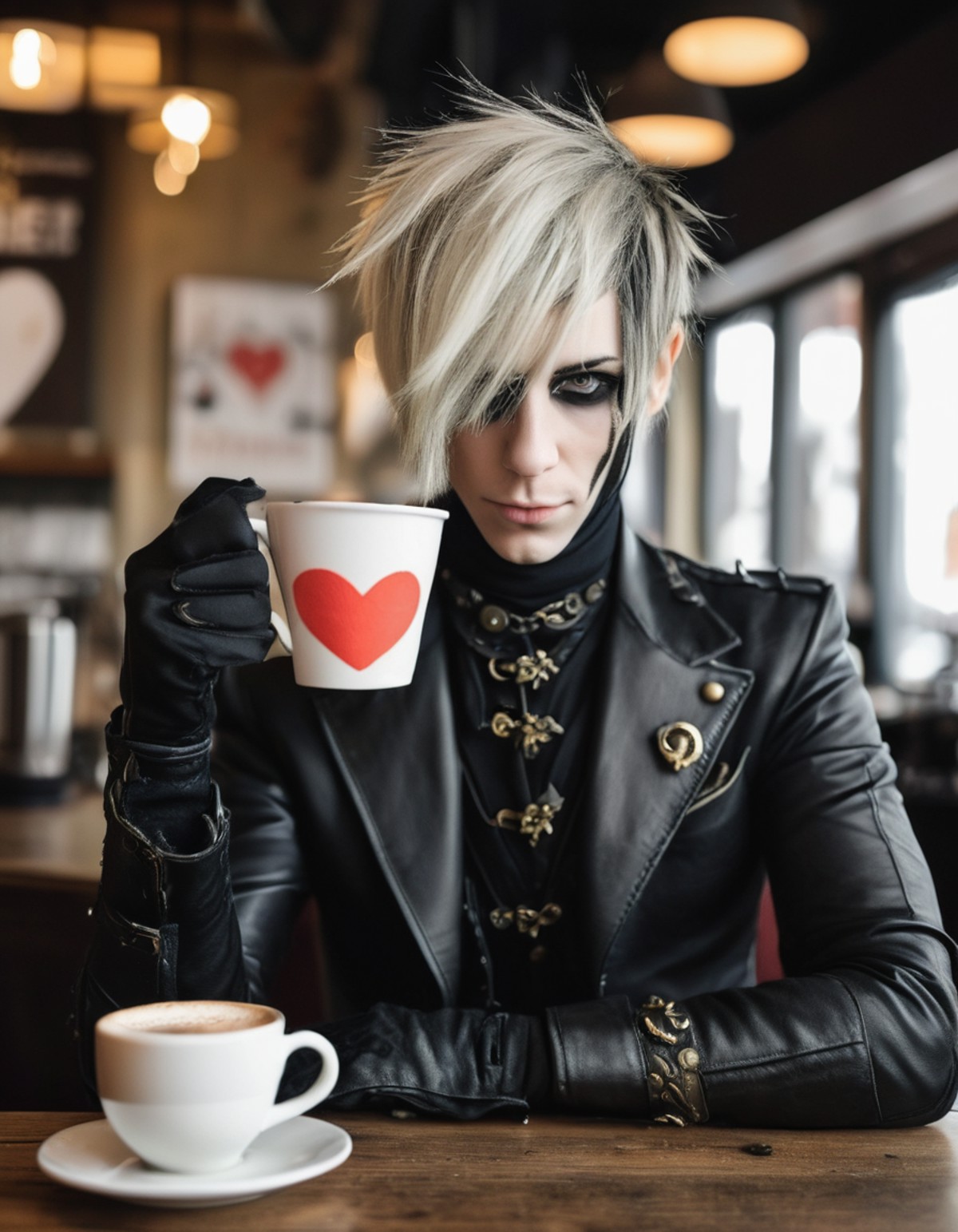 lanky valentines hearts and love drinking coffee in a cafe, Desolate, cosplaying as 9S from Nier, ð¤©, his hair is Gold, ...