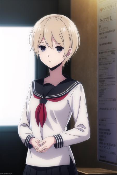 meihayakawa, <lora:mei hayakawa s1-lora-nochekaiser:1>,
mei hayakawa, short hair, bangs, blue eyes, blonde hair, hair between eyes, (black eyes:1.5),
BREAK shirt, long sleeves, jewelry, school uniform, white shirt, earrings, serafuku, sailor collar, neckerchief, red neckerchief, black sailor collar, stud earrings,
BREAK indoors, classroom,
BREAK looking at viewer, (cowboy shot:1.5),
BREAK <lyco:GoodHands-beta2:1>, (masterpiece:1.2), best quality, high resolution, unity 8k wallpaper, (illustration:0.8), (beautiful detailed eyes:1.6), extremely detailed face, perfect lighting, extremely detailed CG, (perfect hands, perfect anatomy),