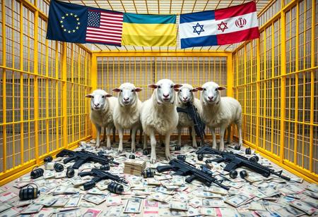 Inside a large, bright yellow cage, several anthropomorphic sheep stand and interact with human-like features. Scattered across the floor, euros and dollars lie chaotically, with hand grenades and M16 rifles placed around them, creating a tense and symbolic atmosphere. Above the cage, European Union, USA, Ukrainian, Israeli, and Iranian flags wave gently, forming a striking and complex visual contrast. The lively sheep, confined within the cage, are surrounded by the flags and weapons, hinting at a layered, intense narrative.”